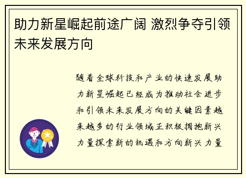 助力新星崛起前途广阔 激烈争夺引领未来发展方向